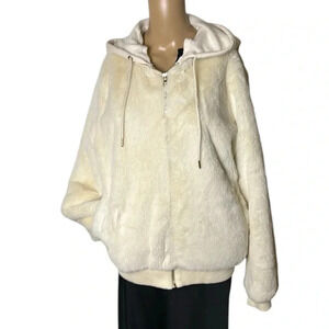 Y2K Faux  fur bomber jacket hoodie, zipper, LIKE NEW, detachable hood,neutral,EC